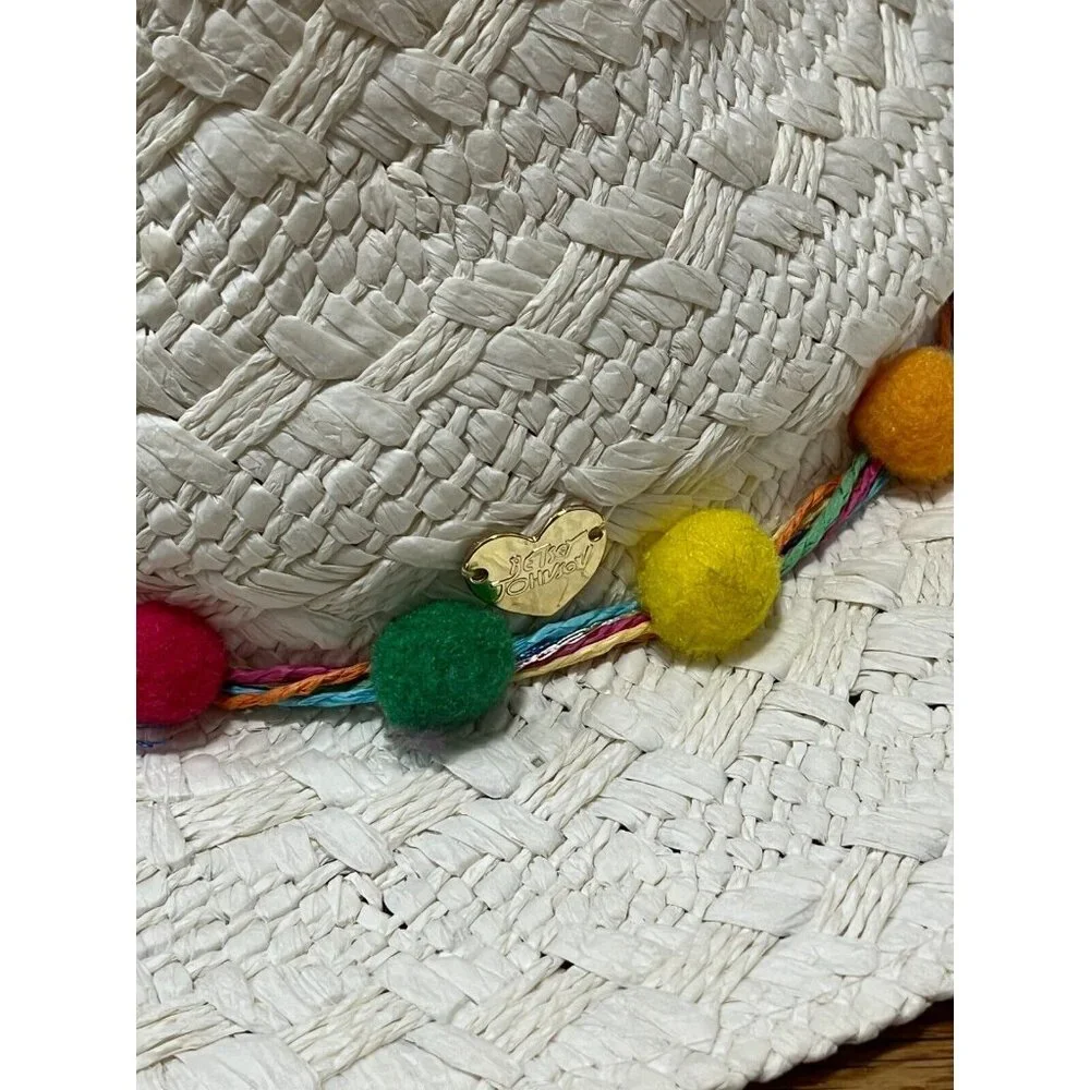 Betsey Johnson Straw Sun Hat Colorful Rainbow Trim One Size Cap Ivory EUC - Picture 5 of 11